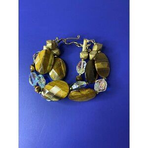 Iridescent Chunky Wooden Bead Bracelet Three Strands Hook Closure
